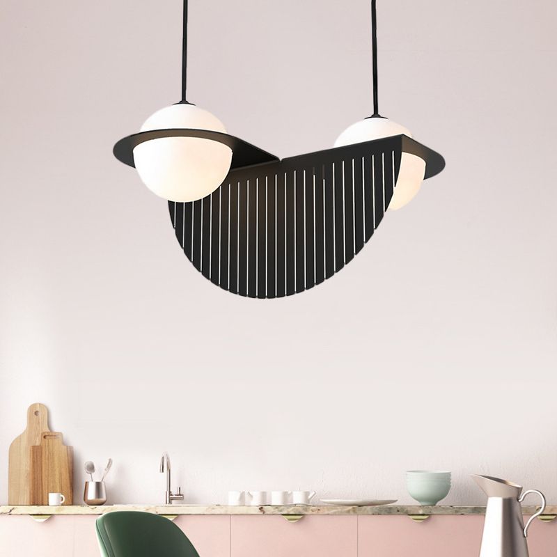 White Glass Global Ceiling Lamp Nordic Style 2 Bulbs Black Suspension Lighting Fixture with Semicircle Decor