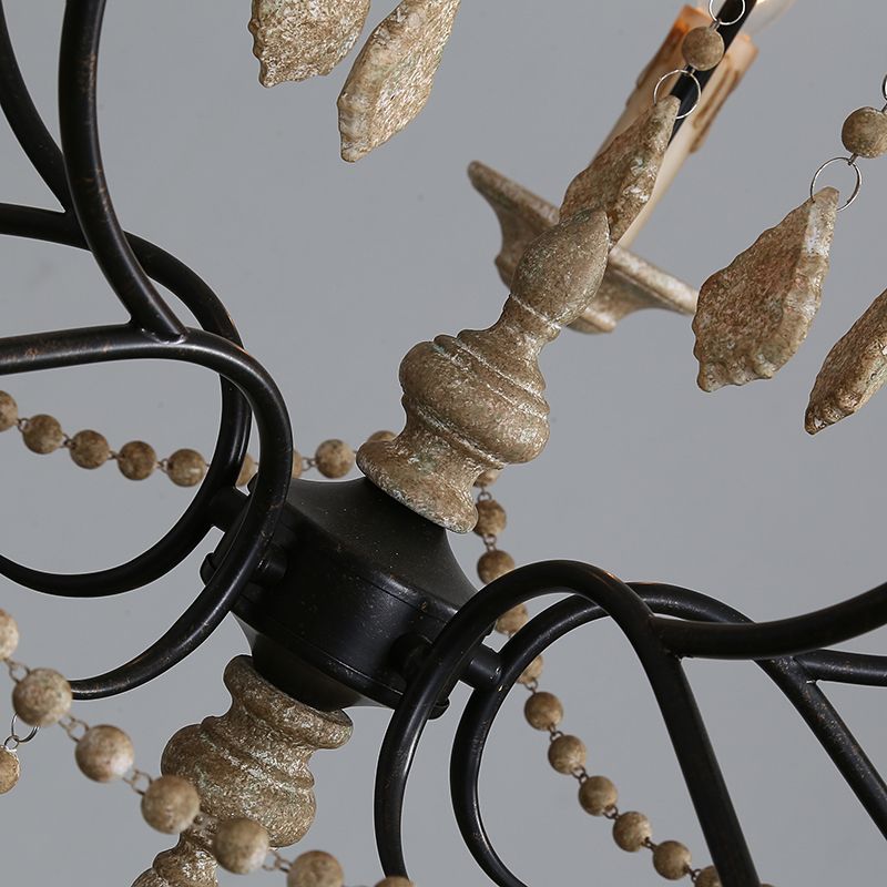 5 Bulbs Candle Hanging Lamp Countryside Distressed White Iron Chandelier Lighting with Wood Beads