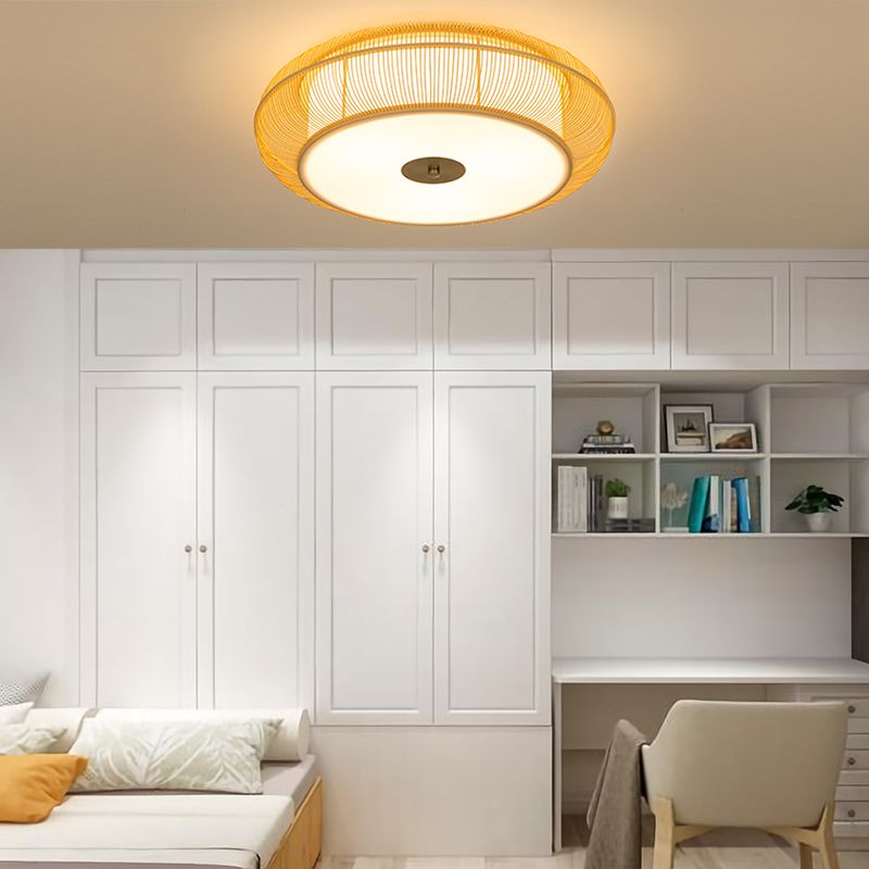 Japanese Curved Drum Flush Mount Ceiling Light Fixture Bamboo Ceiling Flush Mount Lights for Bedroom