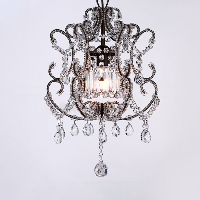 1-Head Lantern Down Lighting Contemporary Beveled Crystal Suspension Light in Champagne/Coffee with Curvy Arm