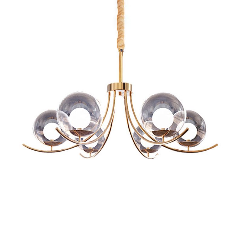 Clear Glass Ball Chandelier Lighting Fixture Modern Style 6/8/10 Heads Golden Hanging Lamp with Curved Arm