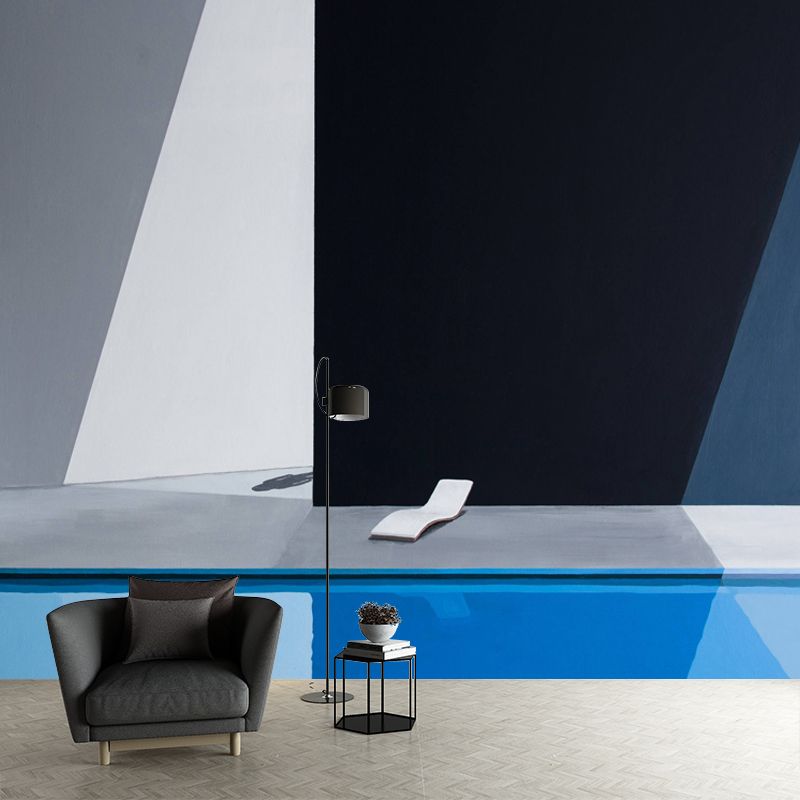 Illustration Pool and Chair Mural Decal for Living Room, Black-Blue, Customized Size