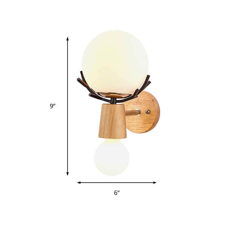 Luce di applique in globo bianco con corna lampada da parete in vetro in legno rustico con base beige per scale