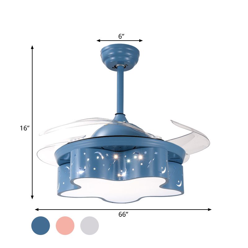 Star Shape Bedroom Pendant Fan Lighting Metal Nordic Kids 4 Clear Blades LED Semi Flushmount in White/Pink/Blue, 66" Wide