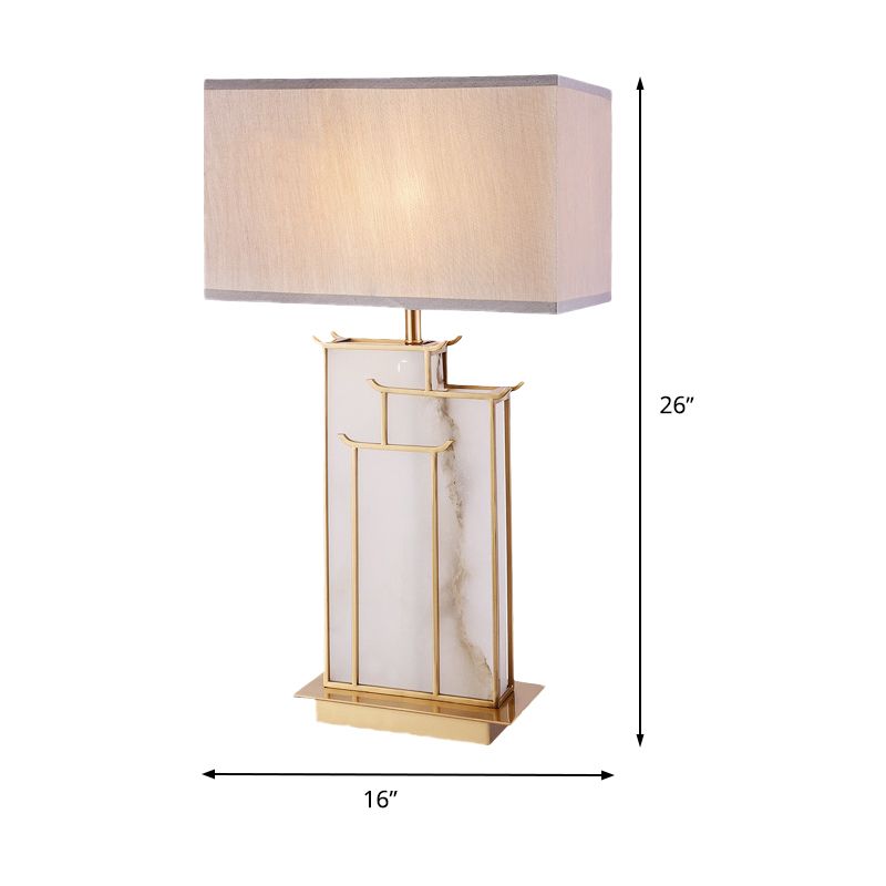 Lámpara de mesa rectangular moderna de tela con 1 bombilla, iluminación para tareas en color blanco con base de mármol