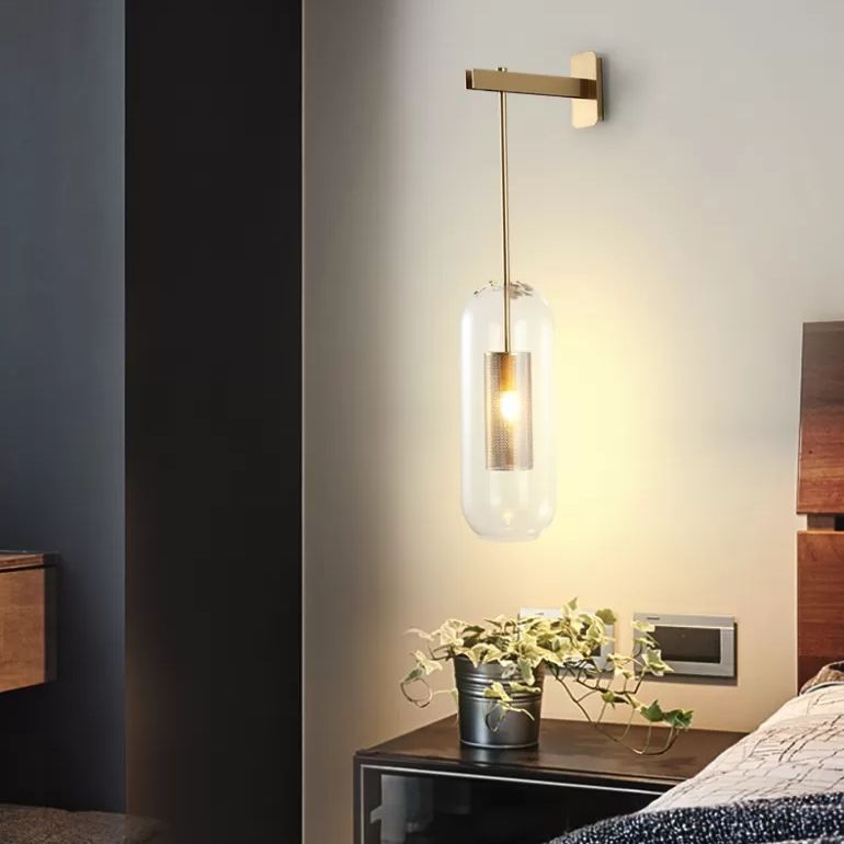 Applique murale de crayon en laiton moderne avec application de lampe de pendaison de mur en verre cylindrique
