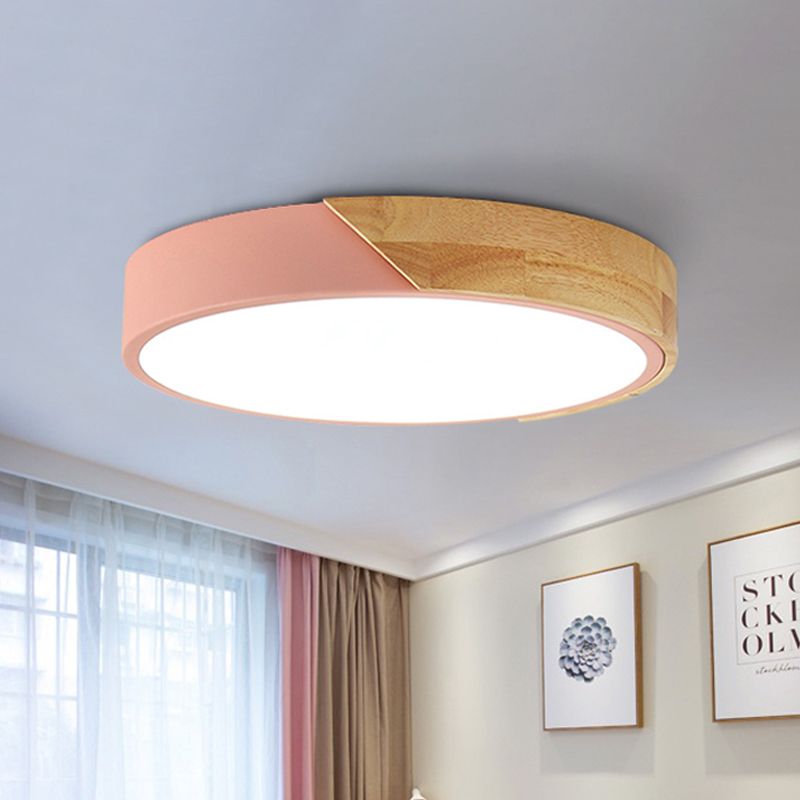 Round Flush Light Modernist Metal LED Pink/White Ceiling Mounted Fixture with Acrylic Diffuser, 12"/16"/19.5" Wide