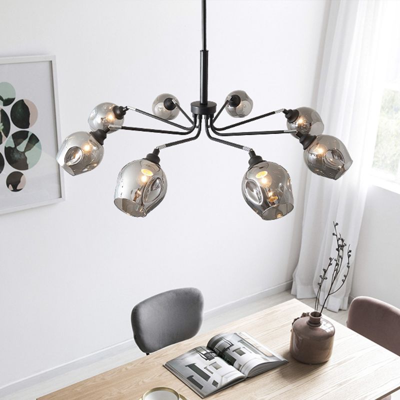 Modernism Style Cup Shape Ceiling Chandelier Smoke Grey Glass 8 Lights Living Room Pendant Lamp in Black