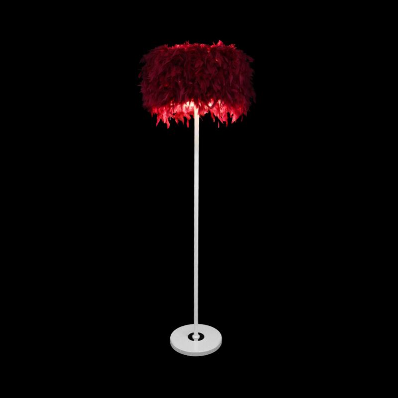 Luz de piso de tambor burdeos/púrpura/rosa minimalista de lámpara de pie de plumas de 1 bulbo para sala de estar