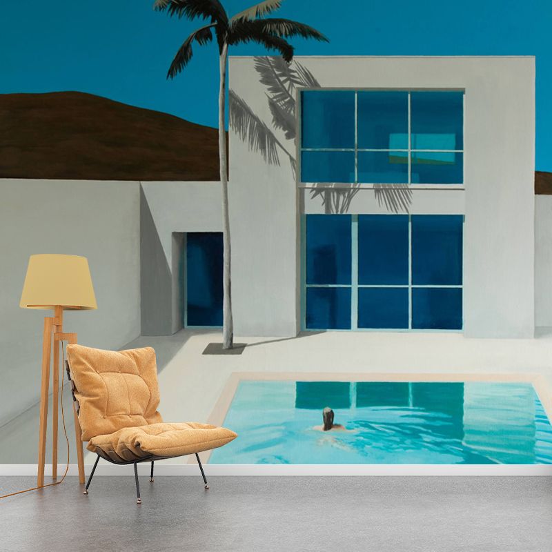Swimming Pool Wall Mural Blue and White Art Deco Wall Covering for Living Room, Custom-Print