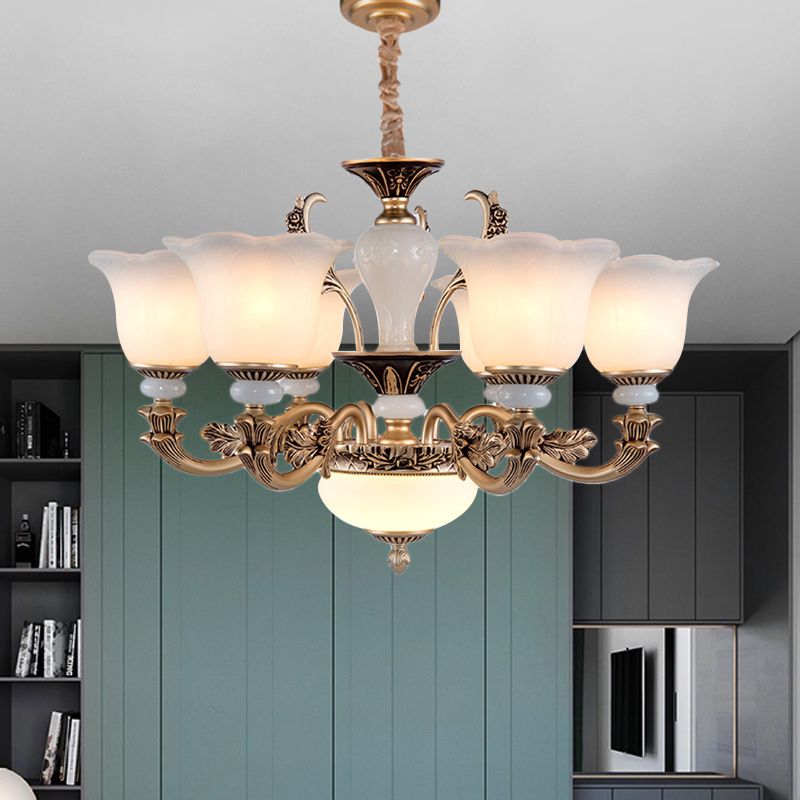 Metallic Gold Hanging Chandelier Swooping Arm 6/8/10 Heads Antiqued Style Ceiling Pendant with Floral Shade