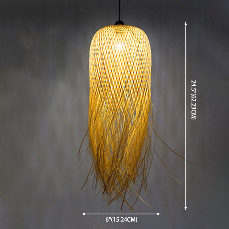 Beige Hand-Woven Pendant Asia Art Deco 1 Bulb Bamboo Hanging Light for Dining Table
