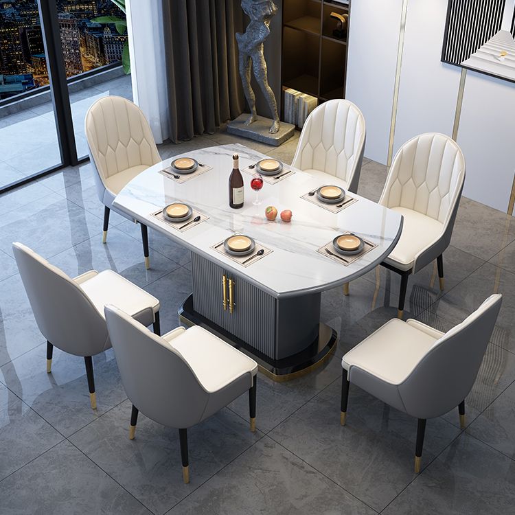 Contemporary Style Sintered Stone Dining Table with Self-Storing Leaf and Pedestal Base