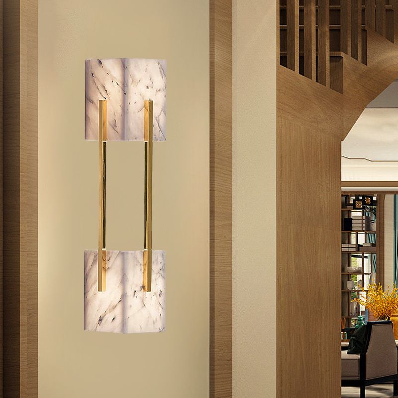 5-Light Double Cuboid Flush Wall Sconce Modern Stylish Grey Marble-Like Wall Lamp with Metal Gold Bar