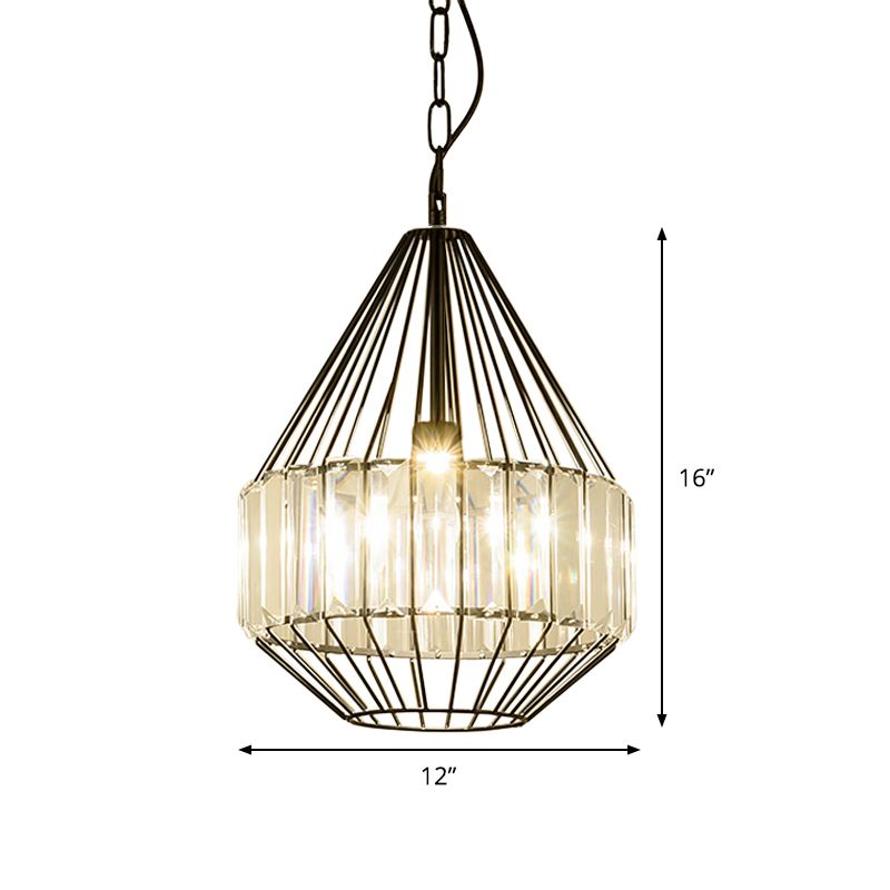 Black Teardrop-Like Pendulum Light Minimalism 1 Bulb Clear Crystal Rectangle Suspension Lamp