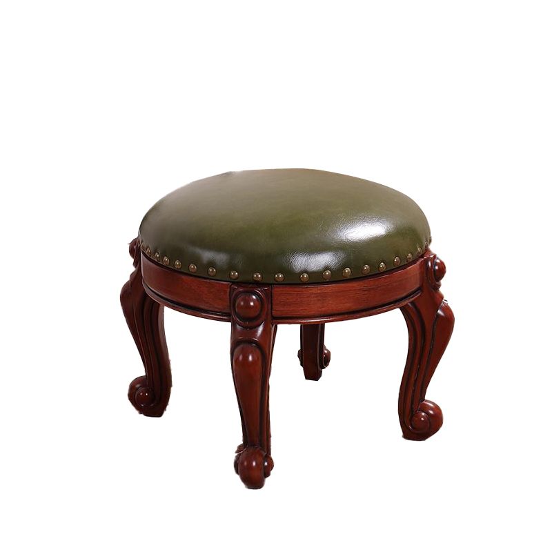 Mid-Century Modern Ottoman Genuine Leather Upholstered Nailhead Trim Round Ottoman
