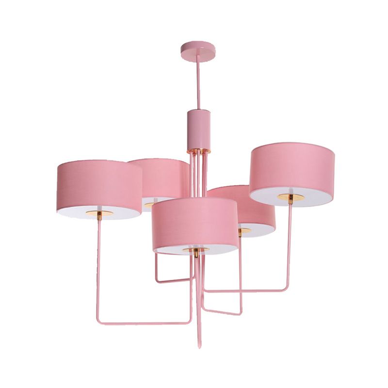 Moderne Drum Kronleuchter Beleuchtung Stoff 5 Lampen Wohnzimmer Hanging Lamp Kit in Pink