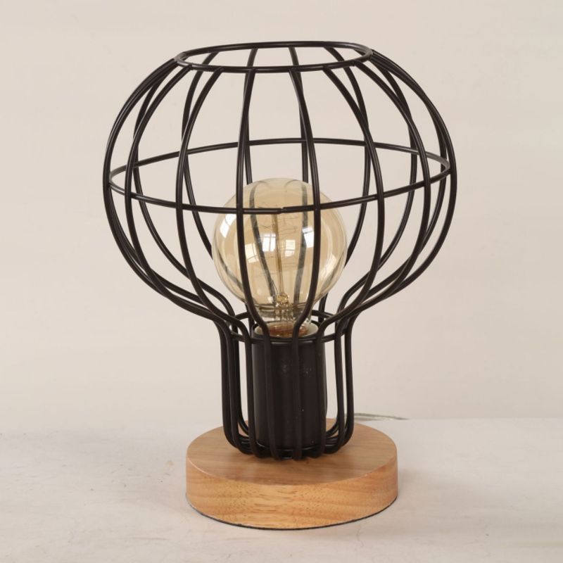 1 lampe de table de bulbe industrielle élégante poire / barillet ombre en métal et lampe à tâche en bois avec garde de fil en noir pour chambre à coucher