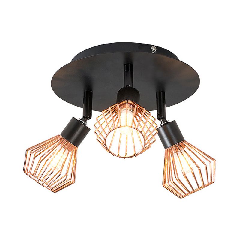 Industrial Style 3 Lights Angle Adjustable Ceiling Light with Rose Gold Metal Cage Shade