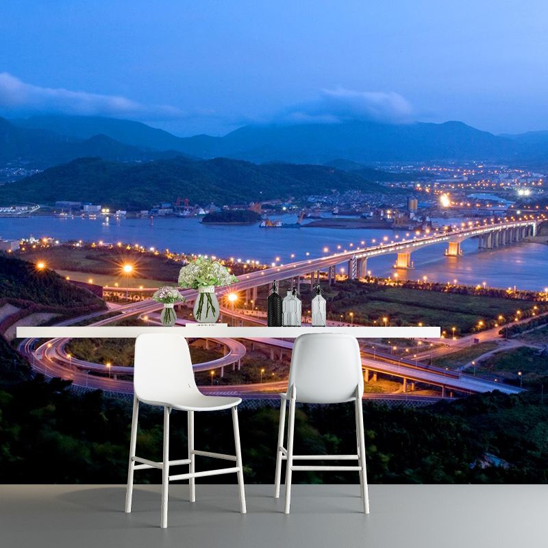 Custom Photographic Modern Mural with Aerial View of Night City in Dark Color for Bedroom