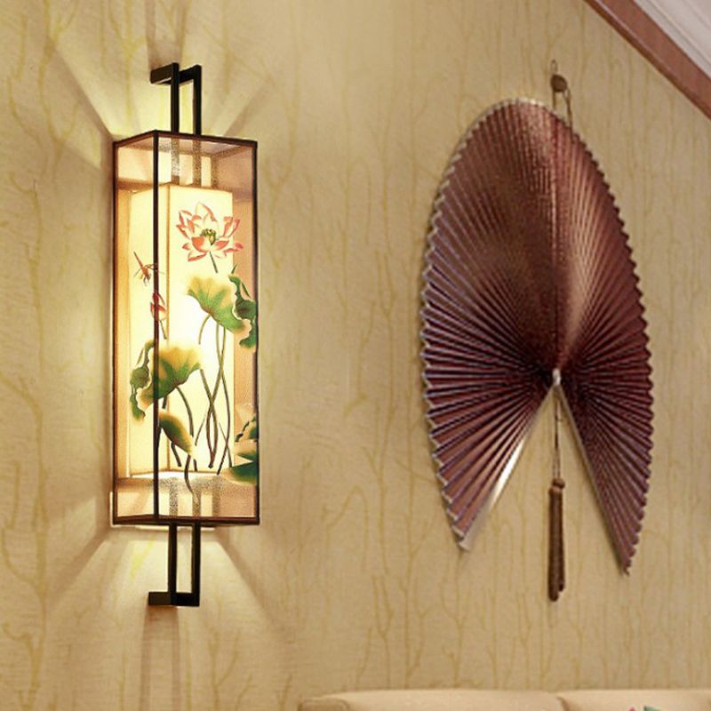 Orientalischer Stil Quaderform geformtes Stoff Wand Licht 2 Köpfe Wandmalblatt in Schwarz mit Lotusblatt/Zweigmuster