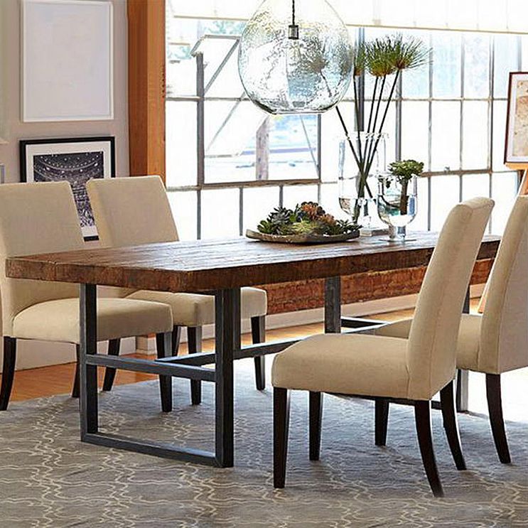 Contemporary Brown Kitchen Dining Table Rectangle Solid Wood Dining Table with Trestle Base