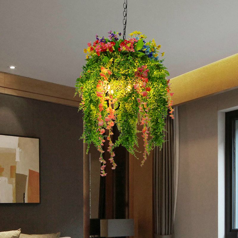 Green Plant Pendant Chandelier Vintage Metal 3 Bulbs Restaurant LED Hanging Ceiling Light