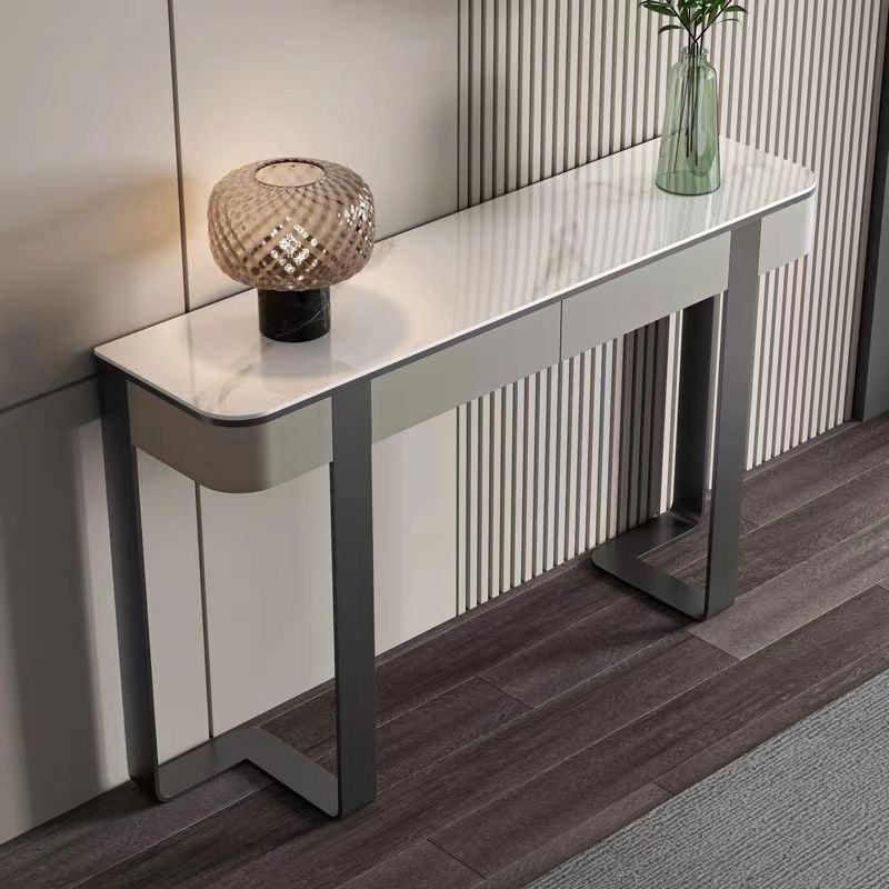 Modern Rectangular Console Table Stone Console Sofa Table in Grey/Gold