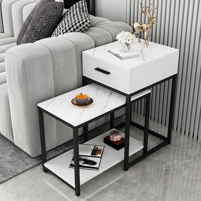 Modern Square 4 Legs End Table with Shelves and Storage for Living Room