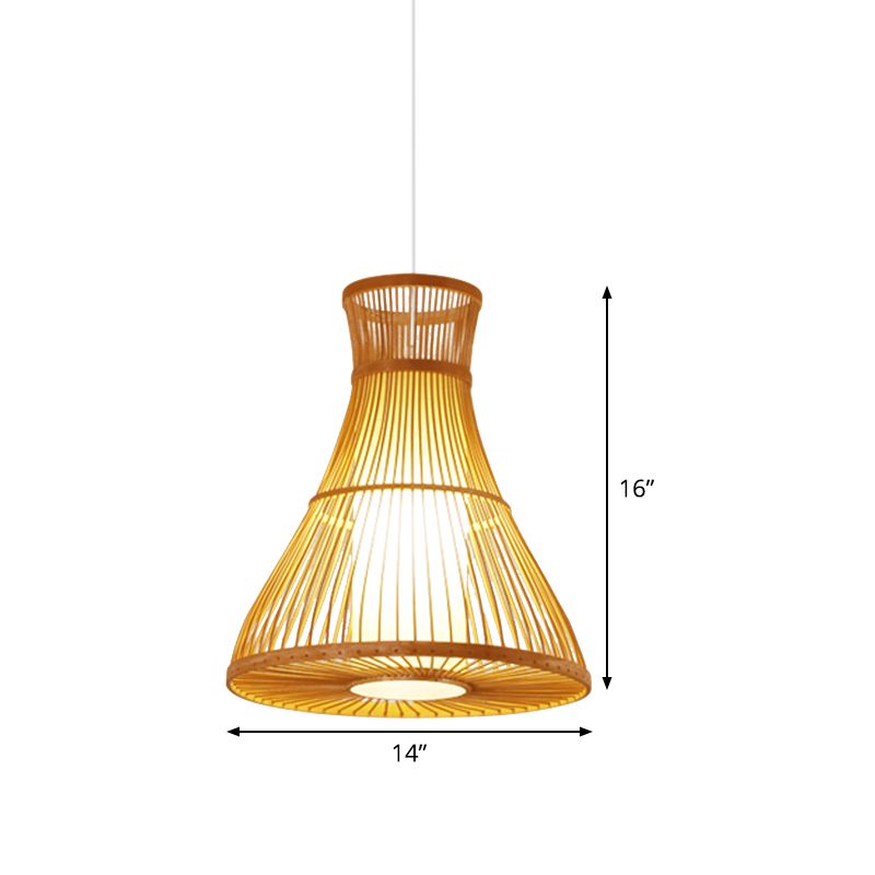 Beige Flared Ceiling Lamp Asian 1 Bulb Bamboo Hanging Light Fixture with Inner Tube Parchment Shade