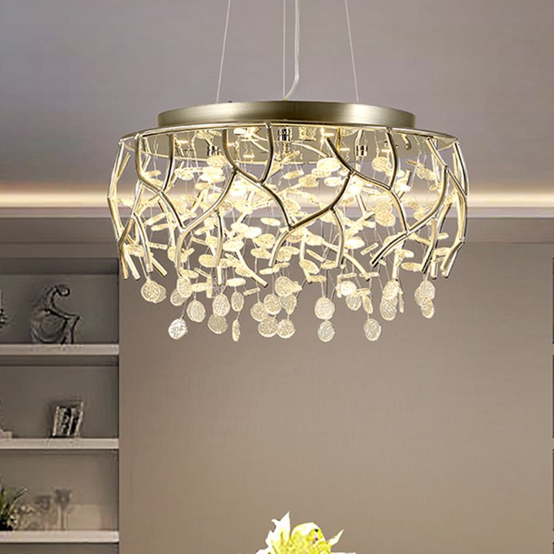 Branch Chrome Chandelier Contemporary Ripple Glass LED Dining Room Ceiling Pendant in Warm/White Light