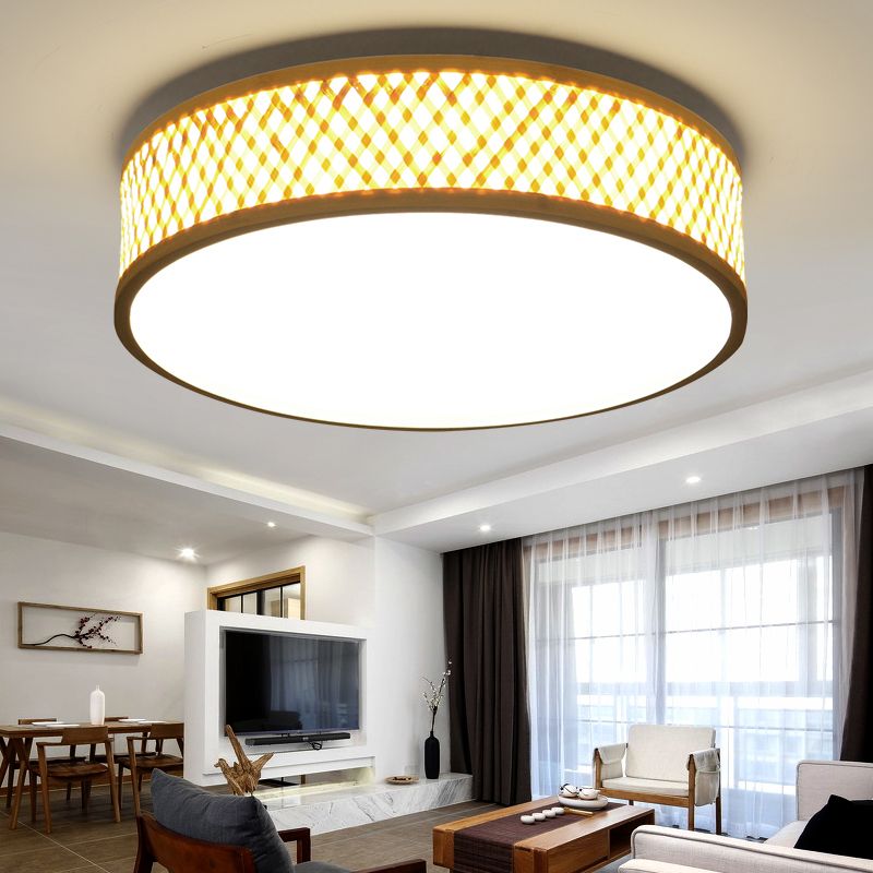 Asian Stylish Cross Woven Flushmount Light with Drum Shade Bamboo 10"/14" W LED Indoor Ceiling Lamp in Beige, Warm/White Light