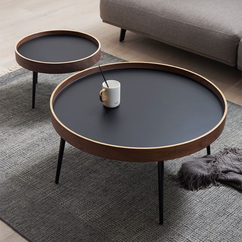 Round Wooden Coffee Table Black Tray Top Cocktail Table with 4 Legs