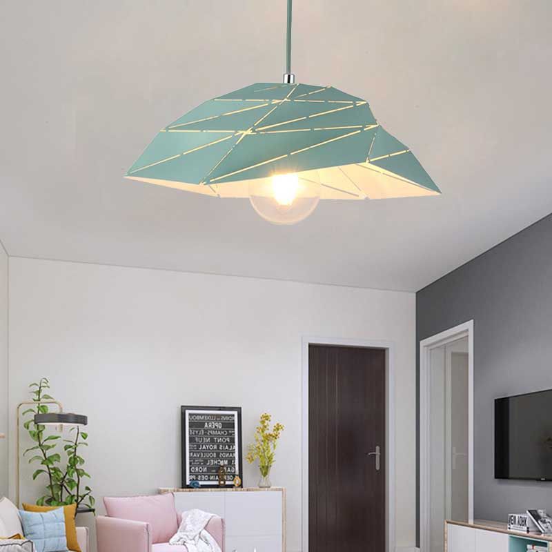 Luz de colgante de techo de 1 luz contemporánea con sombra de metal rosa/amarillo/verde lámpara colgante asimétrica