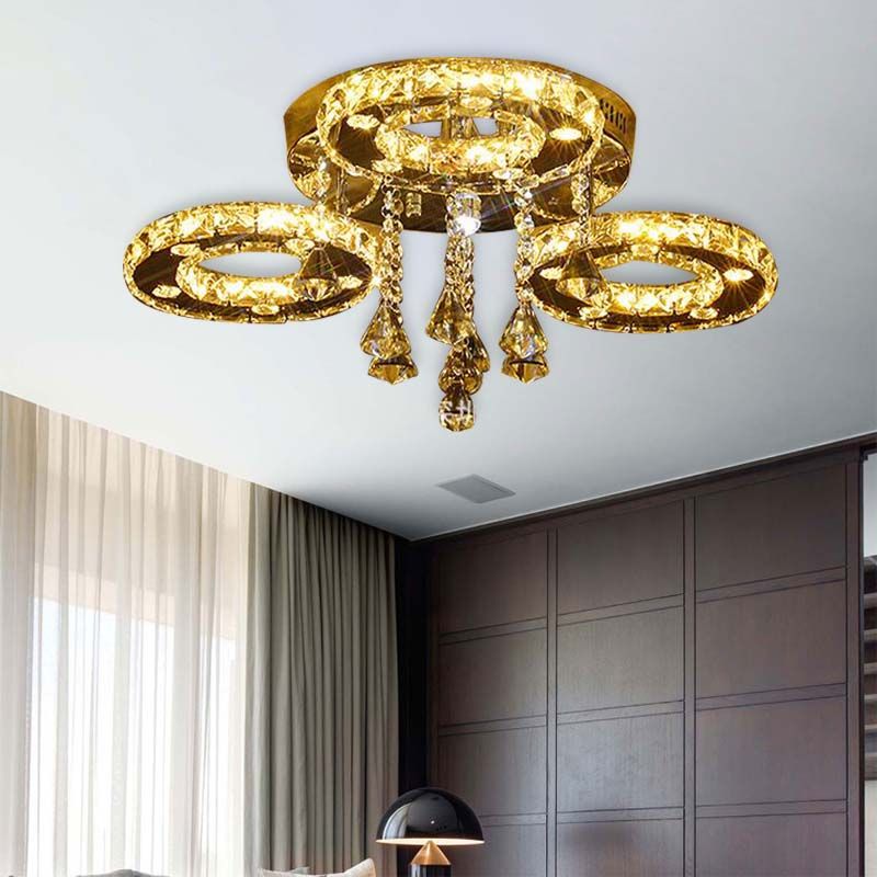 Ring Semi Flush Light Contemporary K9 Crystal Chrome 23.5"/28"/33.5" Wide LED Ceiling Lamp, Warm/White/2 Color Light