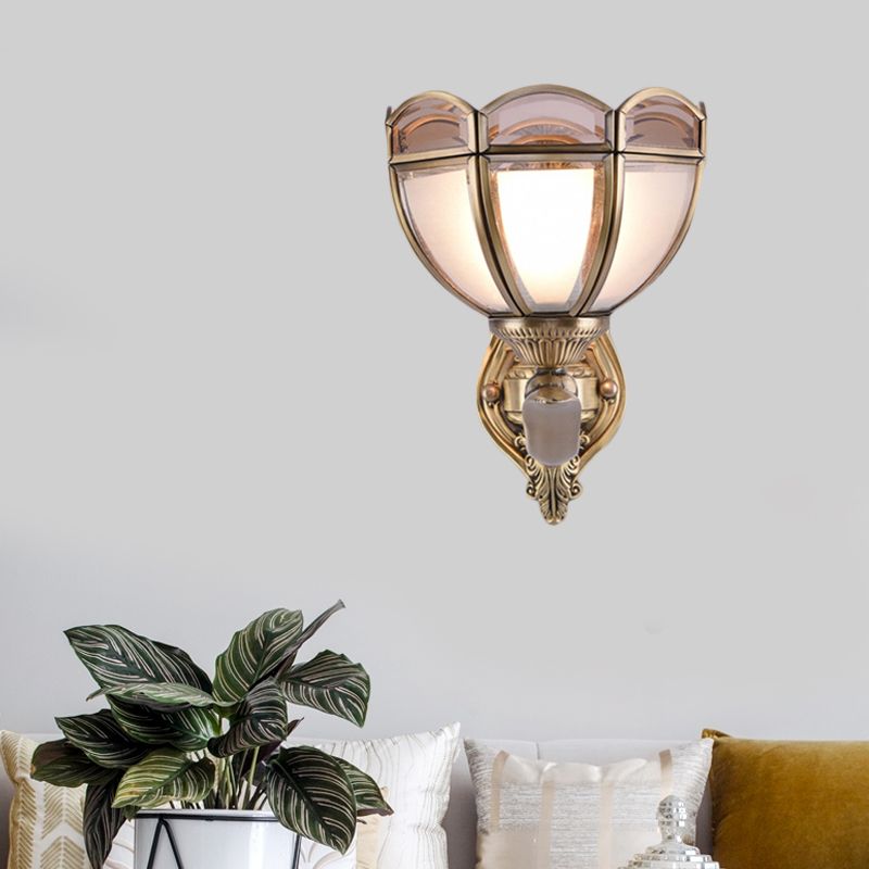 Bowl Translucent Glass Wall Mount Lamp Colonial Style 1/2-Light Bedside Wall Light Sconce in Brass