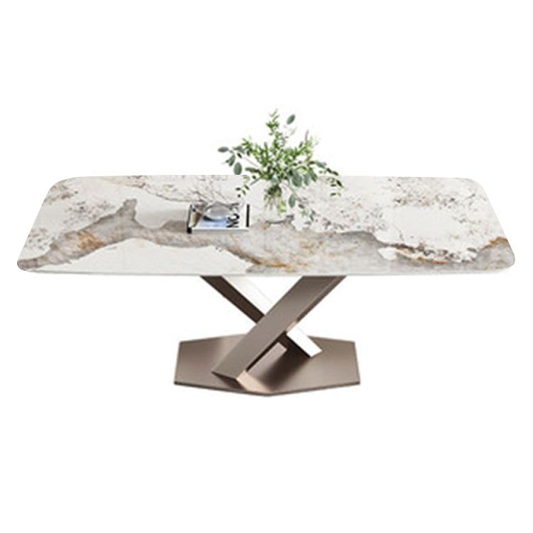 Rectangle Traditional Luxury Dining Table Grey Sintered Stone Table with Pedestal Base