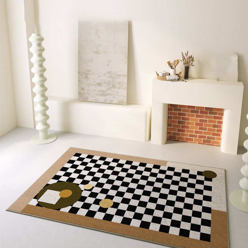 Black Simple Rug Polyester Flower Rug Washable Rug for Living Room