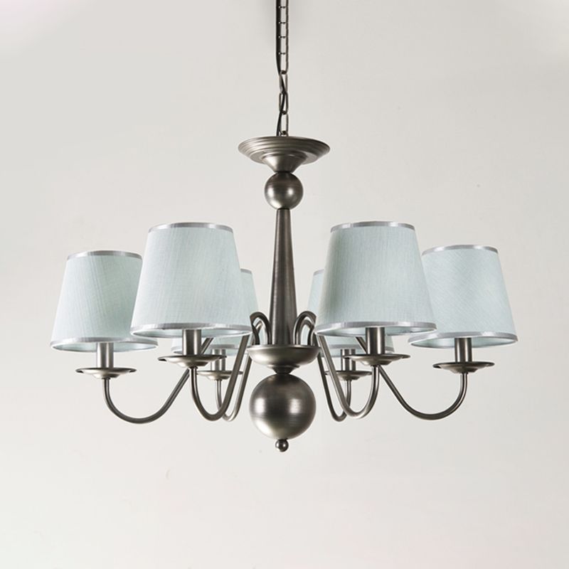 Metal Silver/Blue/White and Silver Hanging Light Curving Arm 6 Lights Rustic Pendant Chandelier with Cone Fabric Shade
