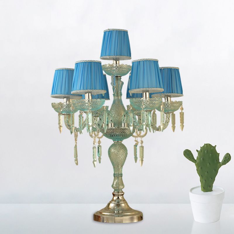 Kristalblauw nachtkastje lamp kandelaar 5/6/7 bollen traditionele slaapkamer tafellicht met vat stof schaduw