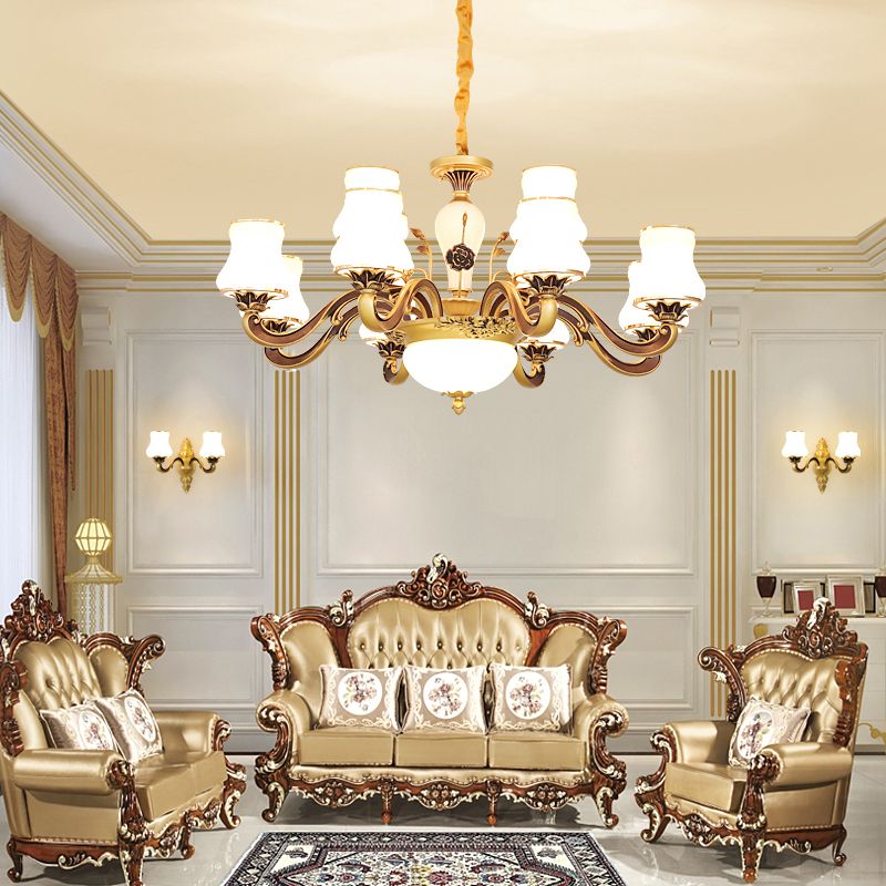 White Glass Flared Chandelier Vintage Dining Room Suspended Lighting Fixture in Brass