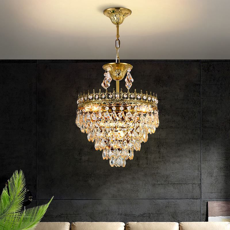 Victorian Crown Shaped Hanging Lamp Clear Teardrop Crystal Chandelier for Living Room