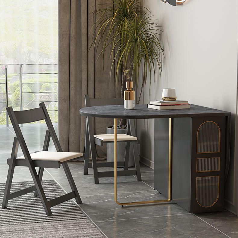 59'' Foldable Sintered Stone Top Dining Table Modern Oval Table with Storage Trestle Base