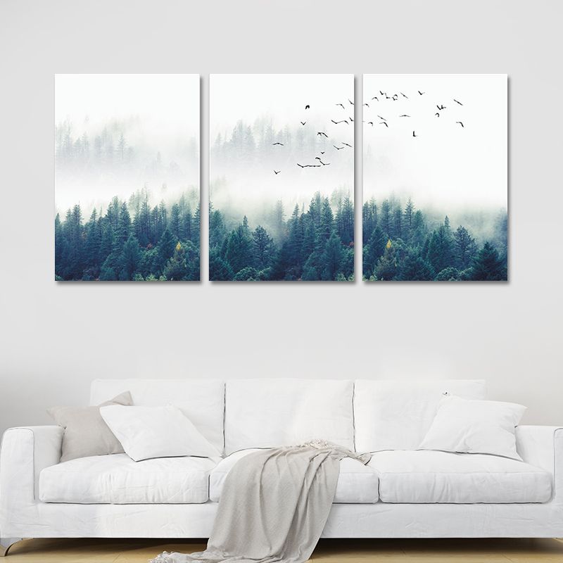 Textured Green Canvas Print Modern Bird Flocks Flying over Misty Forest Wall Art Set