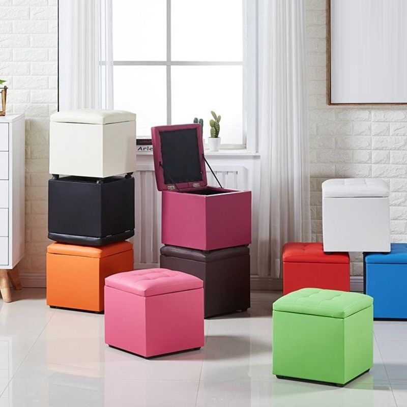Modern Pouf Ottoman PU Leather Upholstered Tufted Solid Color Square Ottoman with Storage