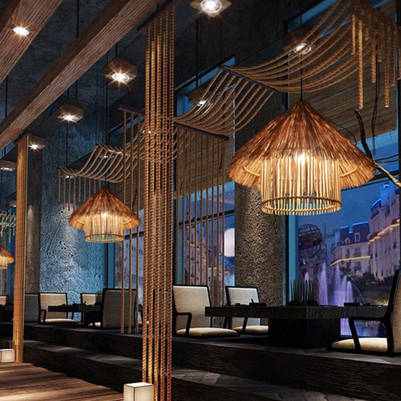 Rattan Shaded Ceiling Light Asian Style 1 Bulb Wood Hanging Lighting Fixture for Restaurant