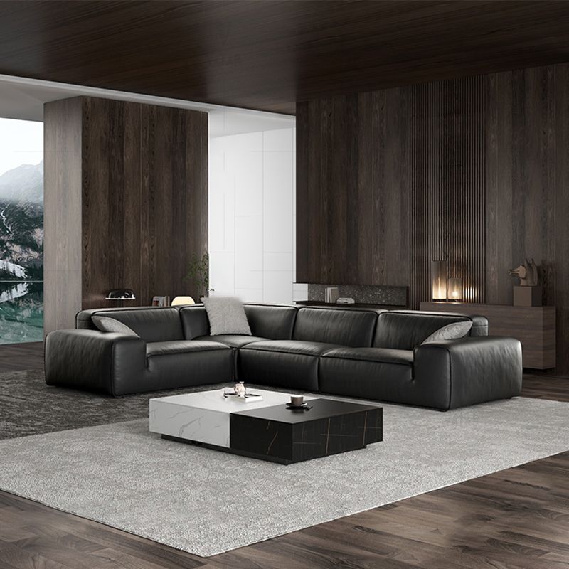 Black Genuine Leather Sectionals 30.7" H Square Arm Sectional Sofa Set