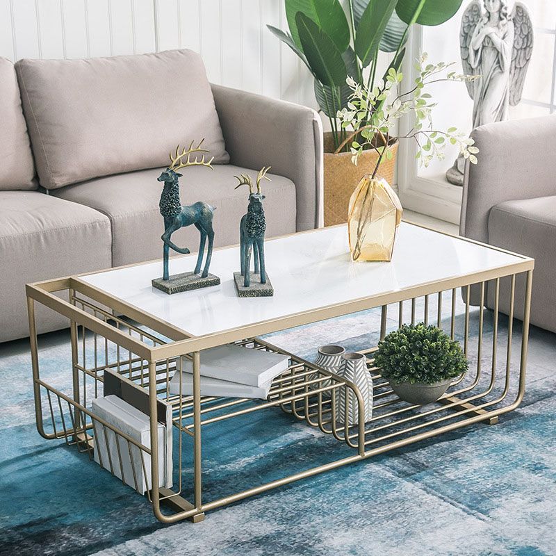 Glam Rectangle Coffee Table with 3 Shelves and Marble Top Cocktail Table