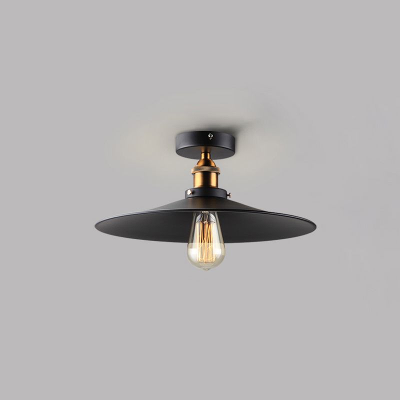1 Light Round Shade Semi Flush Mount Light Industrial Iron Ceiling Lamp