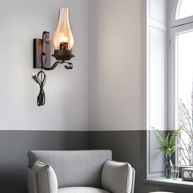 1 Light Candle Wall Sconce Vintage Industrial Black Cognac Glass Lighting in Black with Plug-in Cord